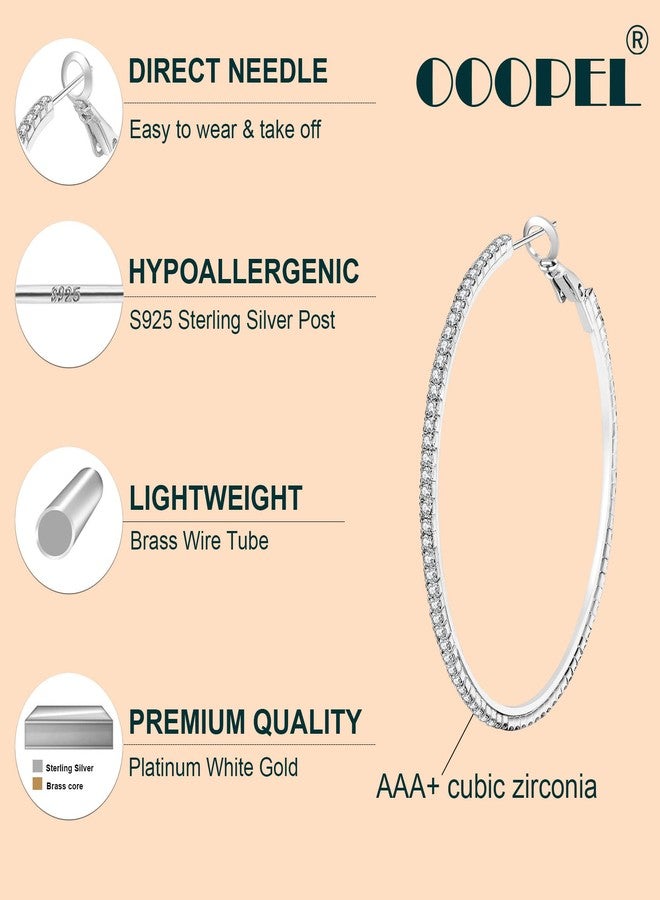 OOOPEL Large Rhinestone Hoop Earrings 925 Sterling Silver Post Cubic Zirconia Hoop Earrings Thin Rhinestones Round Hoop Earrings for Women Silver Hoop Earrings Sparkly Hoop Earrings with Crystals for Womens - Image 2